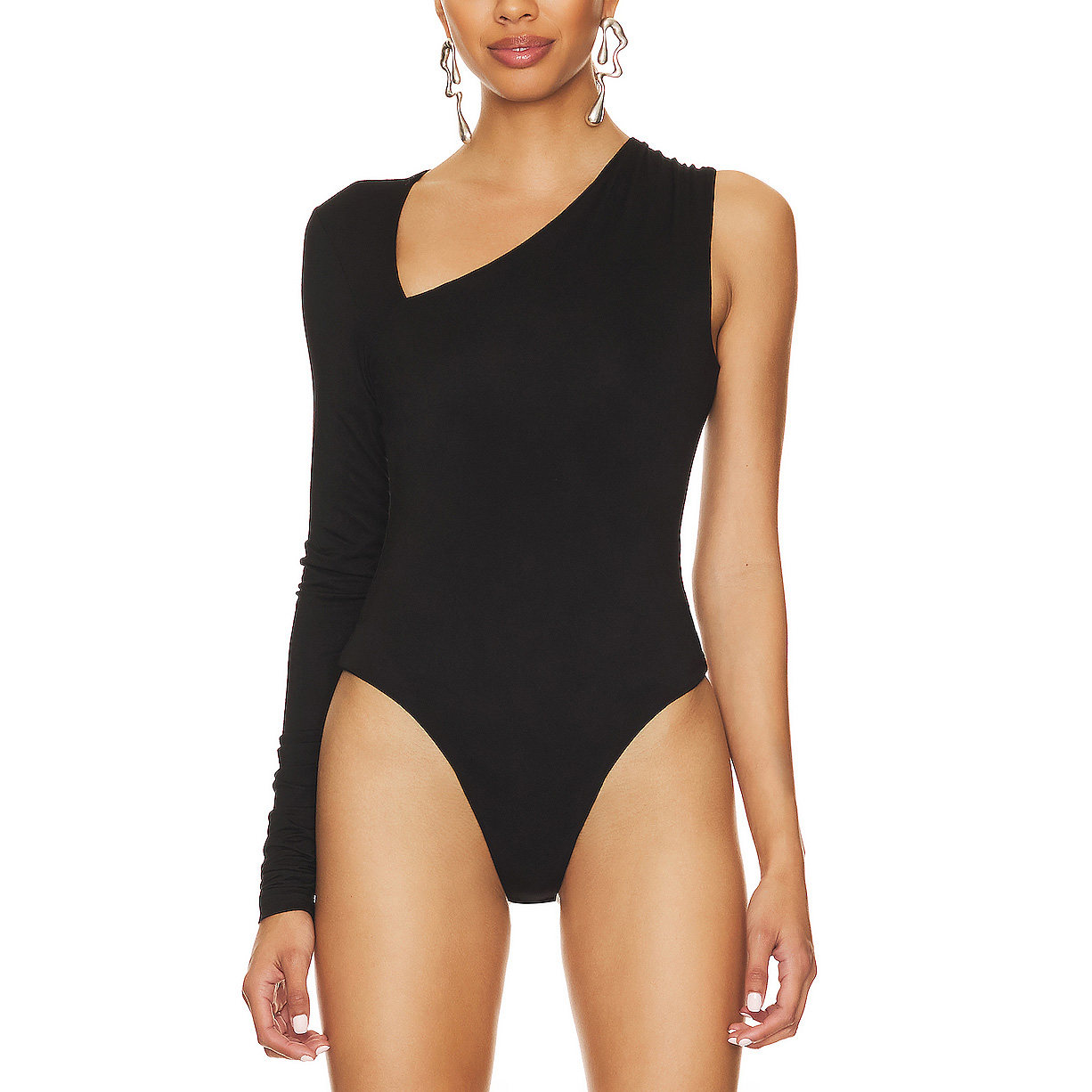 LATEST NEW FASHION WOMEN SEXY BLACK THONG BACK CUT-OUT ONE SHOULDER TOPS LONG SLEEVES BODYSUITS